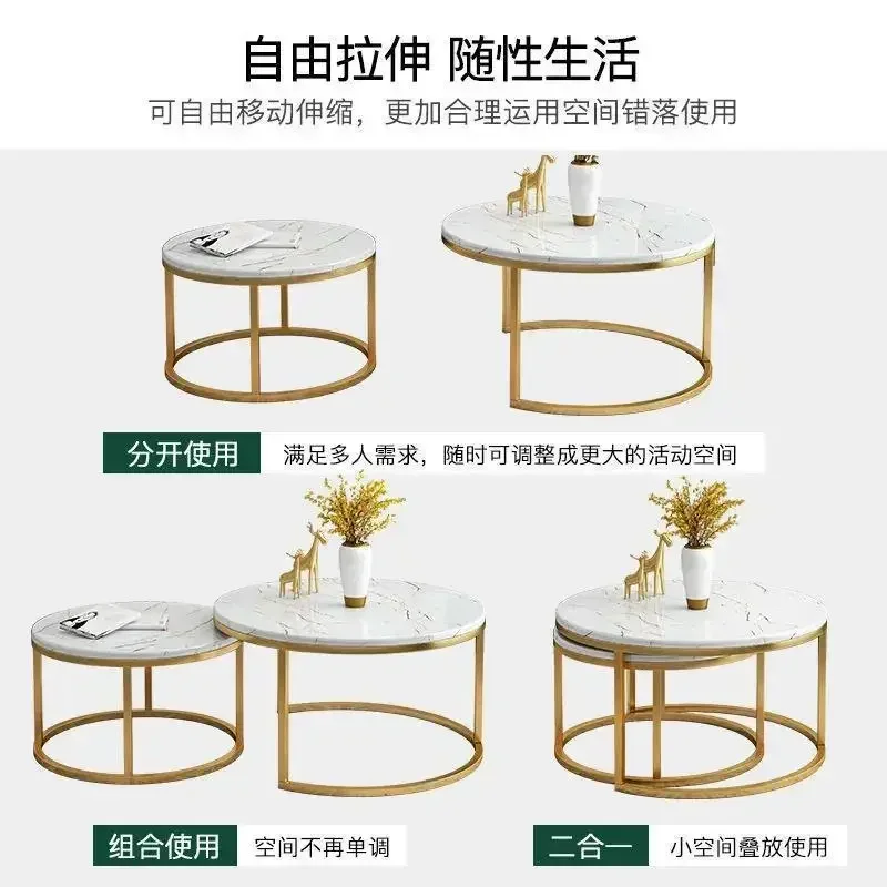 2-in-1-Wohnzimmer-Couchtische, 70 + 50 cm, 80 + 60 cm, strukturierte Holzkombinationsmöbel, runder Teetisch Image