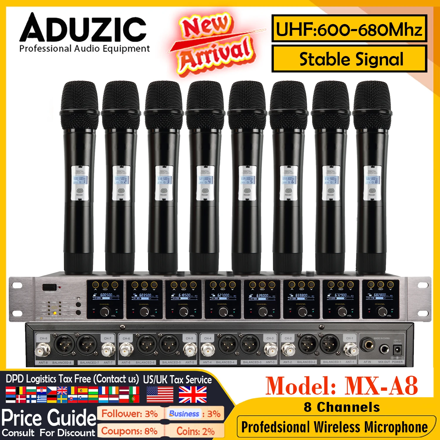 ADUZIC MX-A8 Dynamisches drahtloses Mikrofon, 8-Kanal-Konferenzmikrofon, 600 MHz, digitales UHF-Übertragung, automatisches Frequenzscan Image