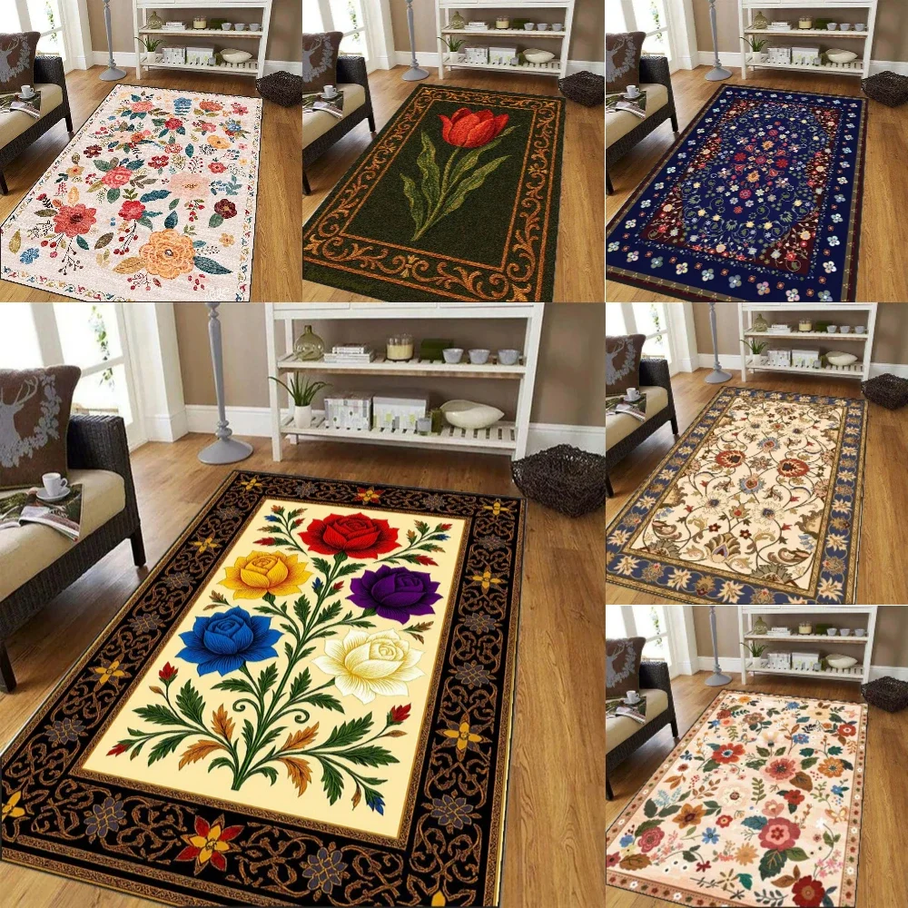 Französische Eleganz, Retro-Blumenmuster, Wohnzimmerteppich, maschinenwaschbar, rutschfest, weiche Matte, Zimmer, Nachttisch, Garderobe, Couchtisch, Teppiche Image