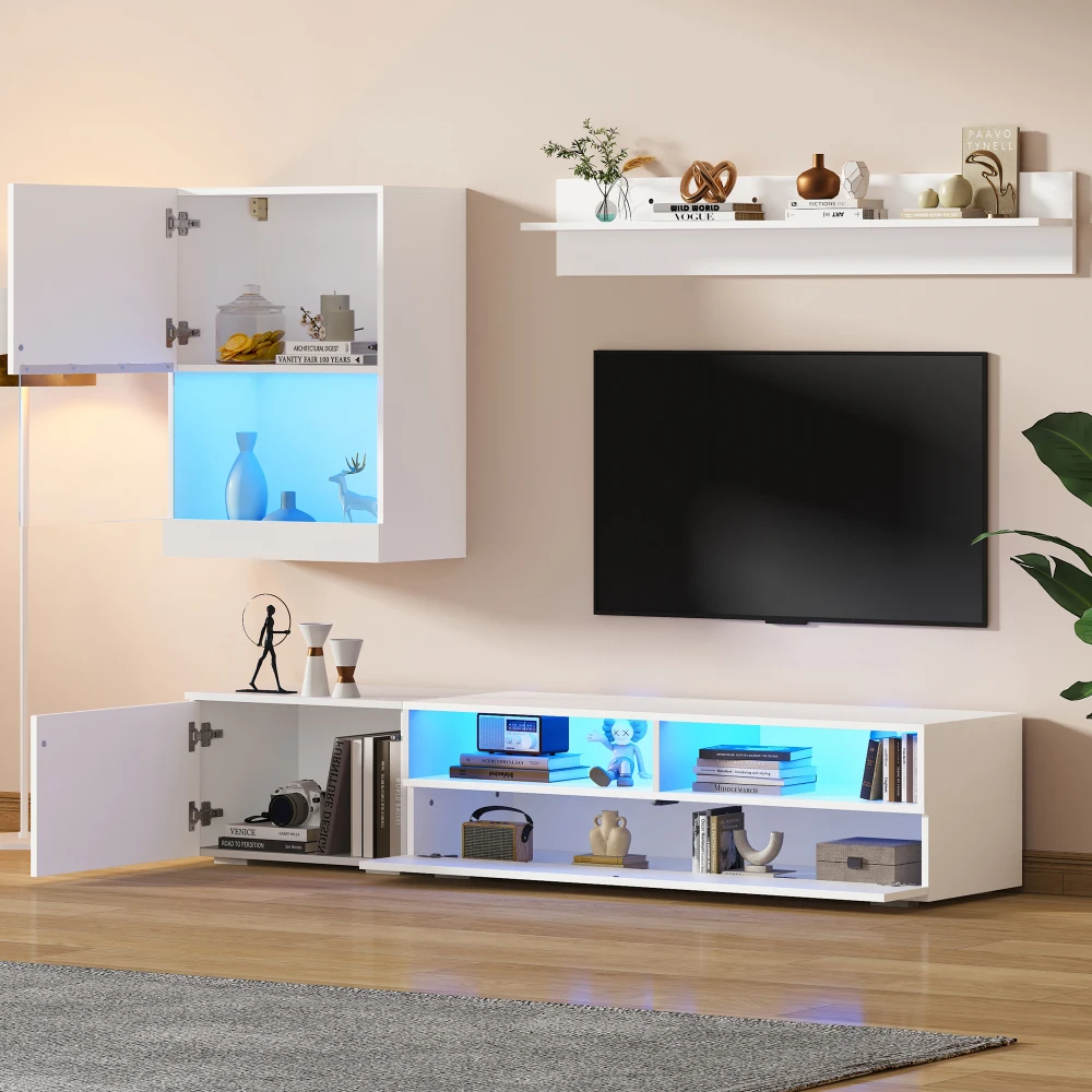 175 x 39 x 34 cm großes TV-Wandset mit Vitrine (Komplettset, 3 Stück), inkl. TV-Platte, Regal und Wandregal, mit LED und Hochglanz Image
