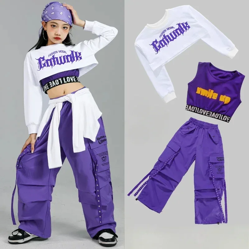 Kinder Street Dance Outfits Kinder Streetwear Gruppe Jazz Kleidung Sets Hip Hop Mädchen Mode K-pop Crop Top Lila Cargo Hosen