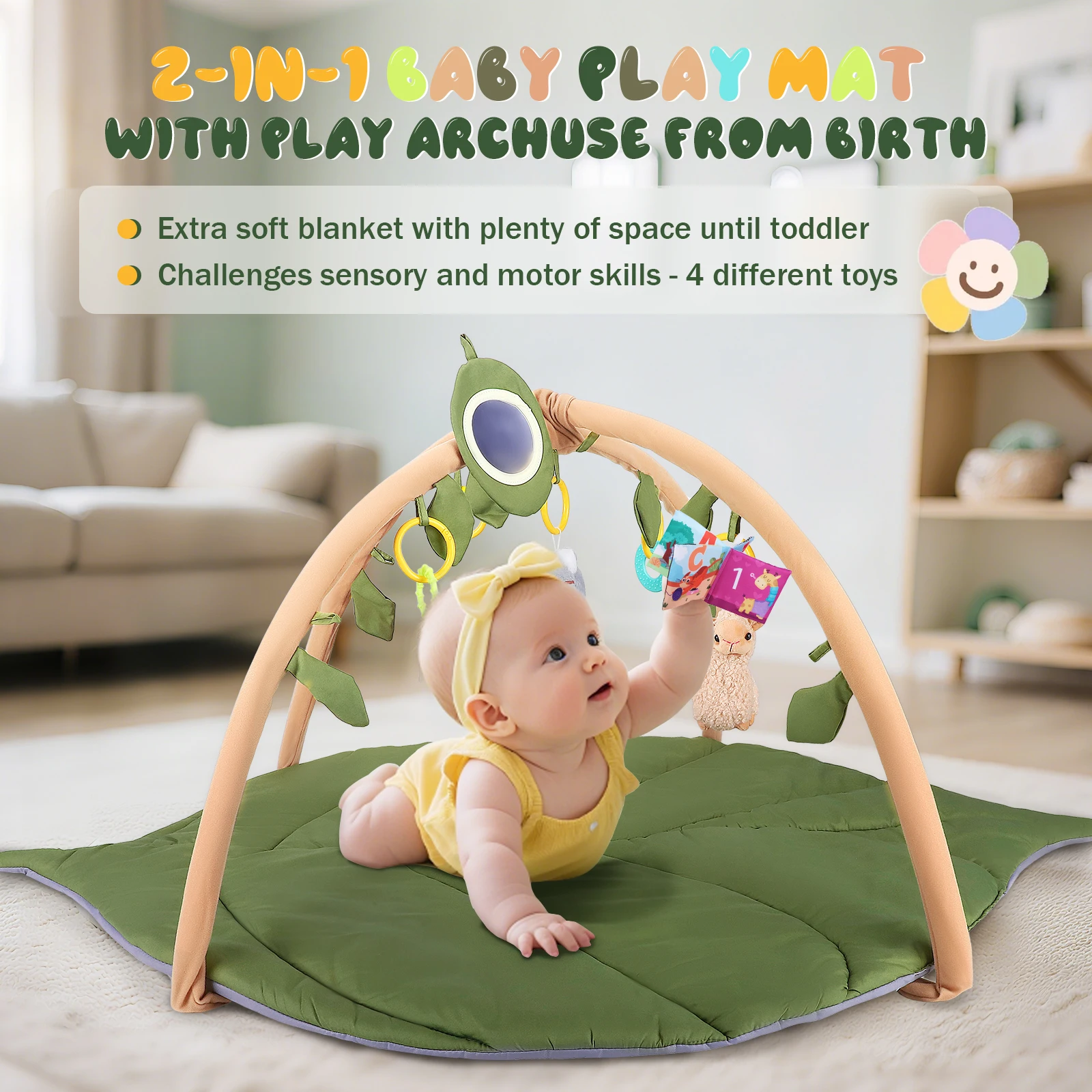 Baby-Spielbogen – Premium-Babyspielmatte mit Bogenblattform und 5 sensorischen Spielzeugen, einschließlich Meilensteinkarten, Baby-Spielmatte