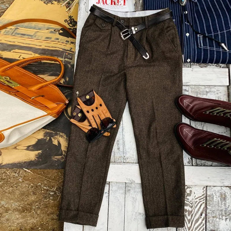 Herrenhose im britischen Stil, Vintage-Wolle, Fischgrätenmuster, große Größe, lockere, gerade Bein-Neapel-Herrenhose Image