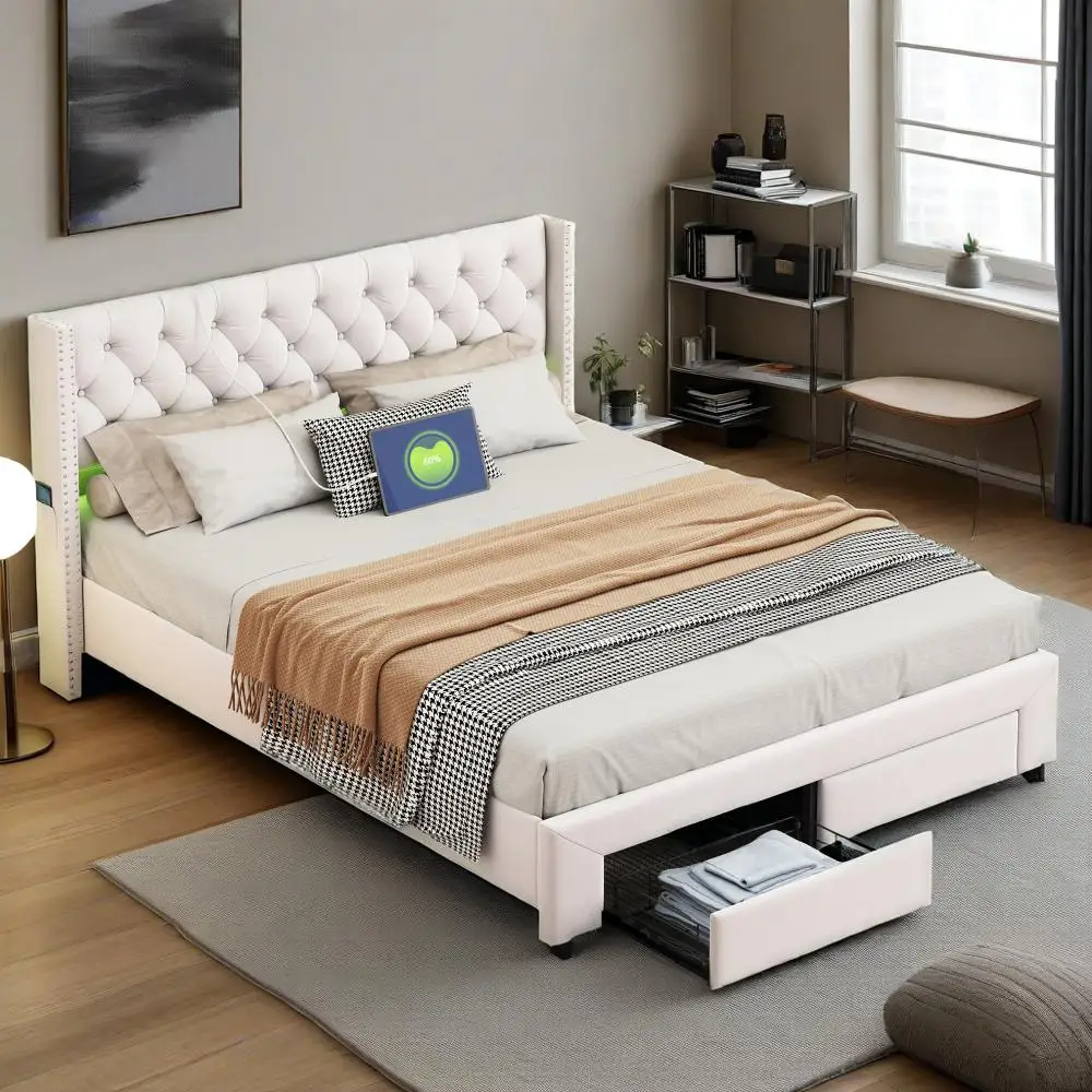 Rosahqnda gepolstertes Doppelbett, 140 x 190/160 x 200/180/200 cm, mit LED und USB, Bett mit 2 Schubladen, Lattenrost, Samt Image