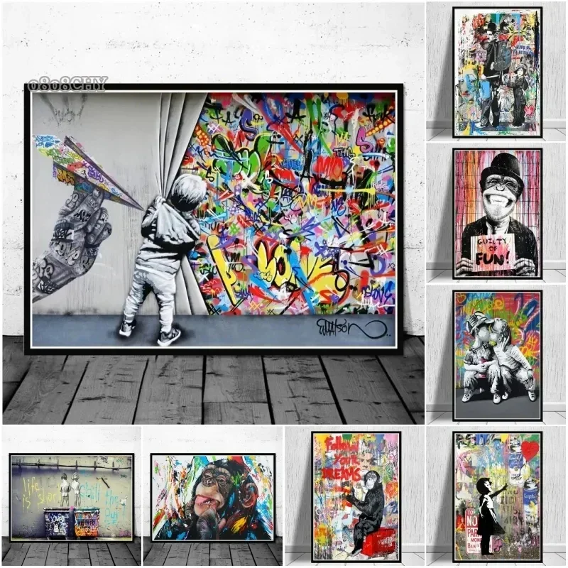 Leinwand-Wandkunst, Gemälde, abstraktes Banksy-Graffiti-Kunstbild, lustiger Affe, Straße, Pop, Wandkunst, Poster für Zuhause, Schlafzimmer, Dekoration Image