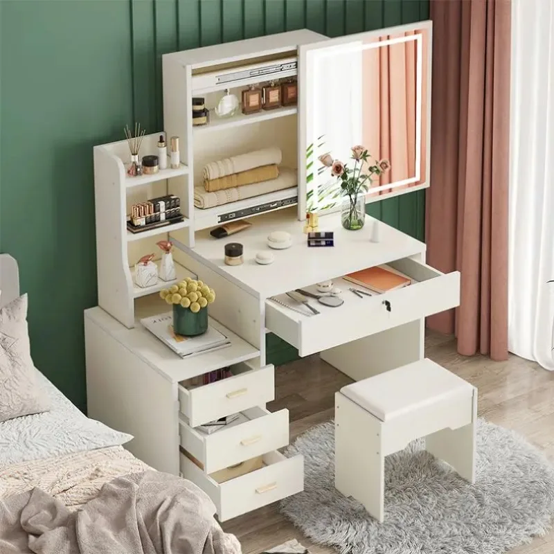 Moderner weißer Schminktisch für Schlafzimmer, verspiegelte Kommode, 6 Schubladen, Schminktisch-Designs mit LED-Leuchten, Spiegel und Hocker