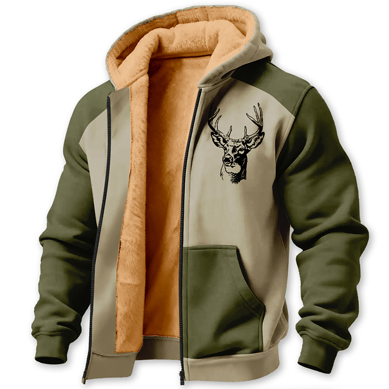 Men's Deer Fleece Hoodie Jacket Sweatshirt Classic Hunting Long Sleeve Crew Neck Outdoor Camping Brown Green Dark Gray Zip Up Fall Winter Designer S M L XL 2XL 3XL