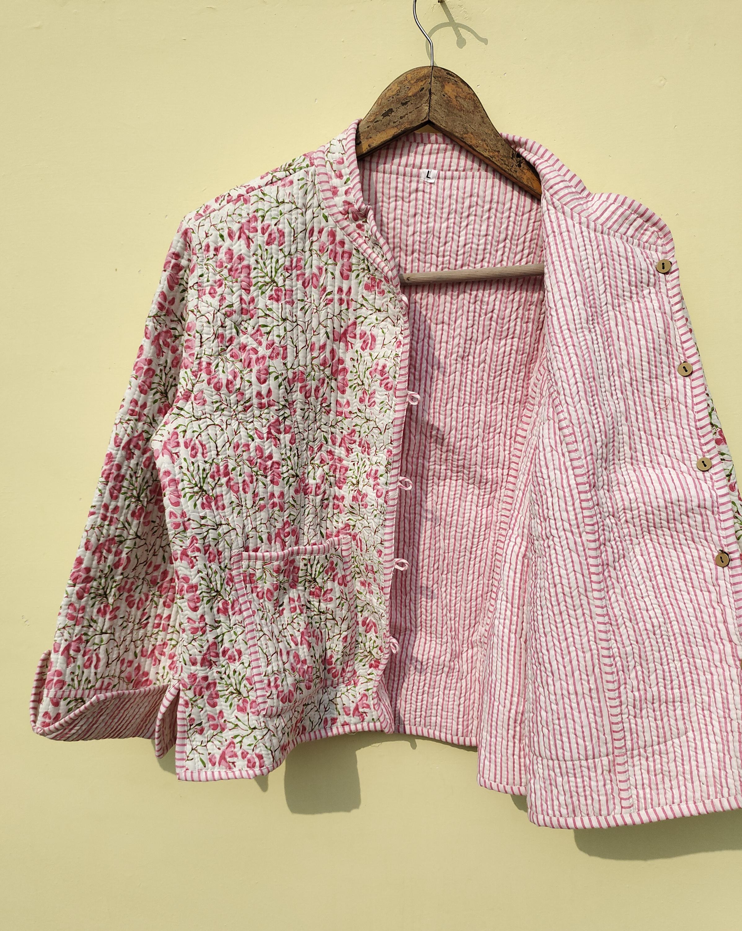 Giacca trapuntata in cotone da donna, con apertura frontale, stile kimono, con profili a righe, giacca trapuntata vintage fatta a mano, tagli, nuovo s