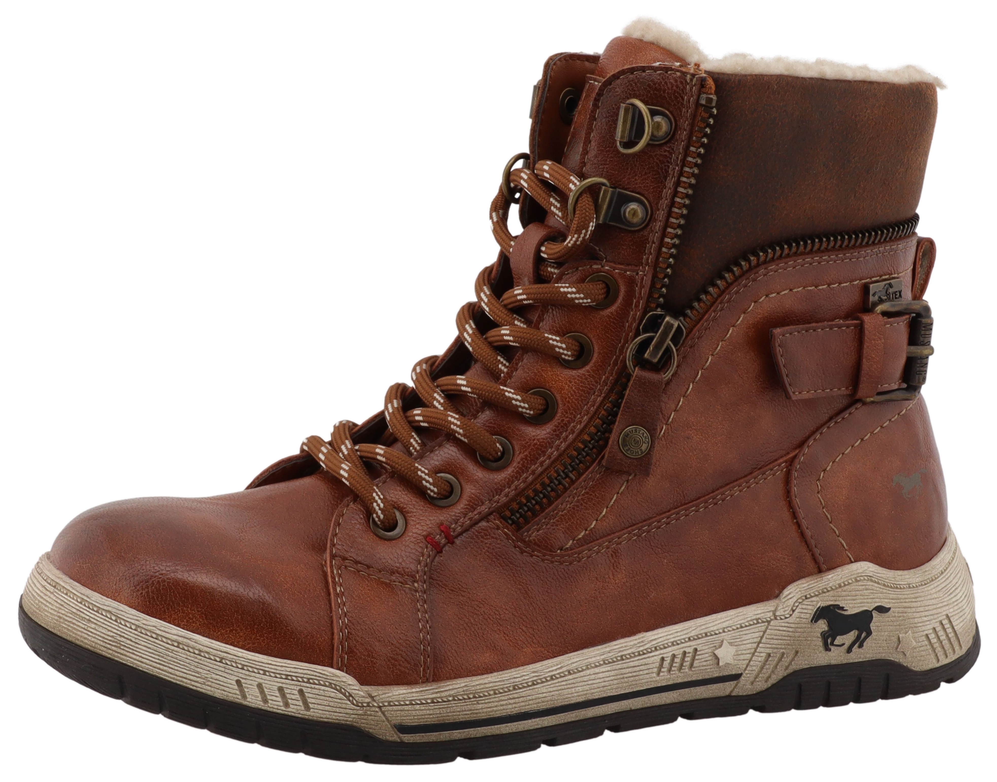 Winterboots MUSTANG SHOES "Ihana", Damen, Gr. 38, braun (cognac), Lederimitat, Textil, Schuhe Winterboots, High Top Sneaker, Winterboots mit Warmfutter und TEX
