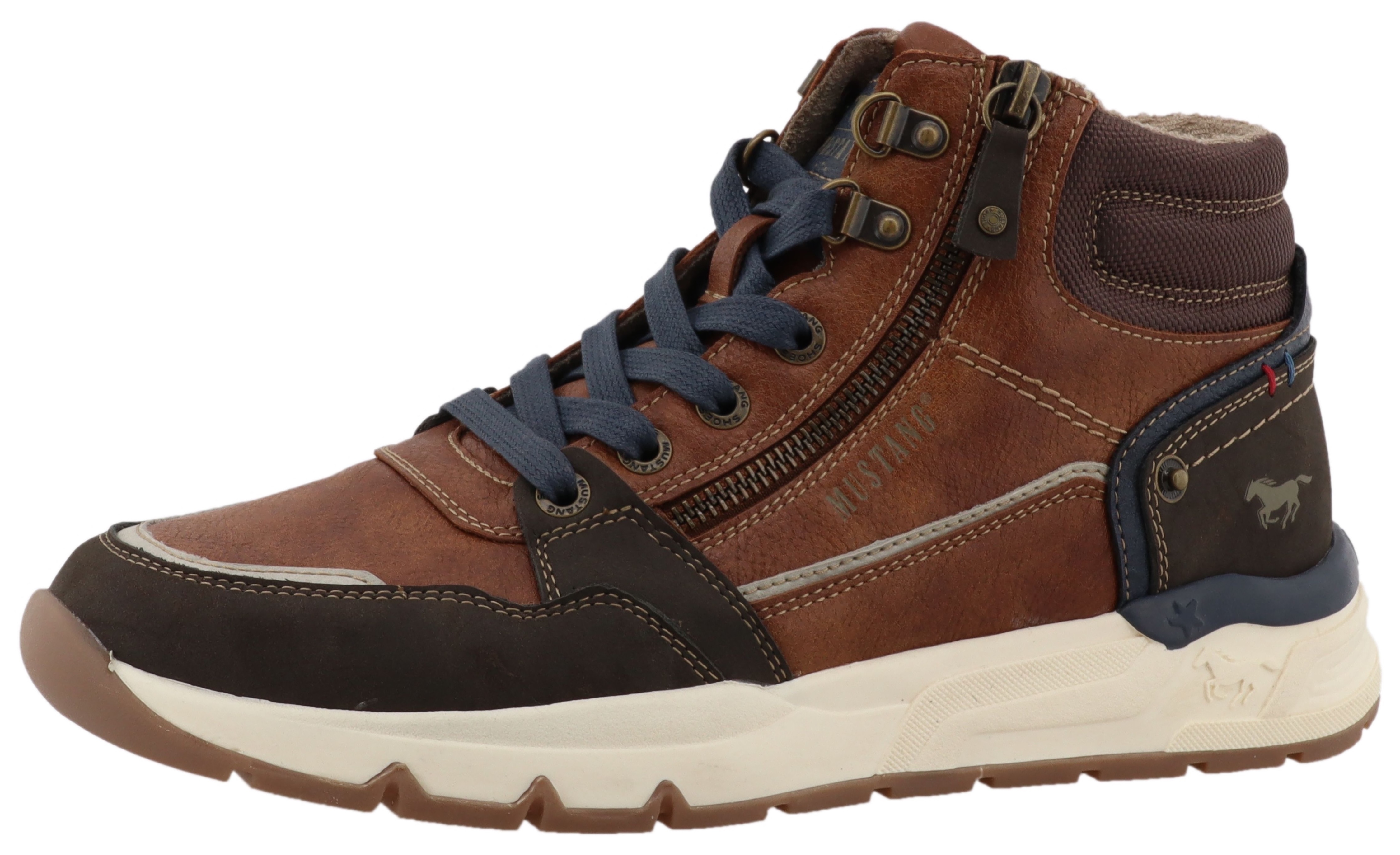 Sneaker MUSTANG SHOES "Mart", Damen, Gr. 45, cognac, Lederimitat, Textil, Schuhe Sneaker, High Top Sneaker, Schnürboots mit Reißverschluss