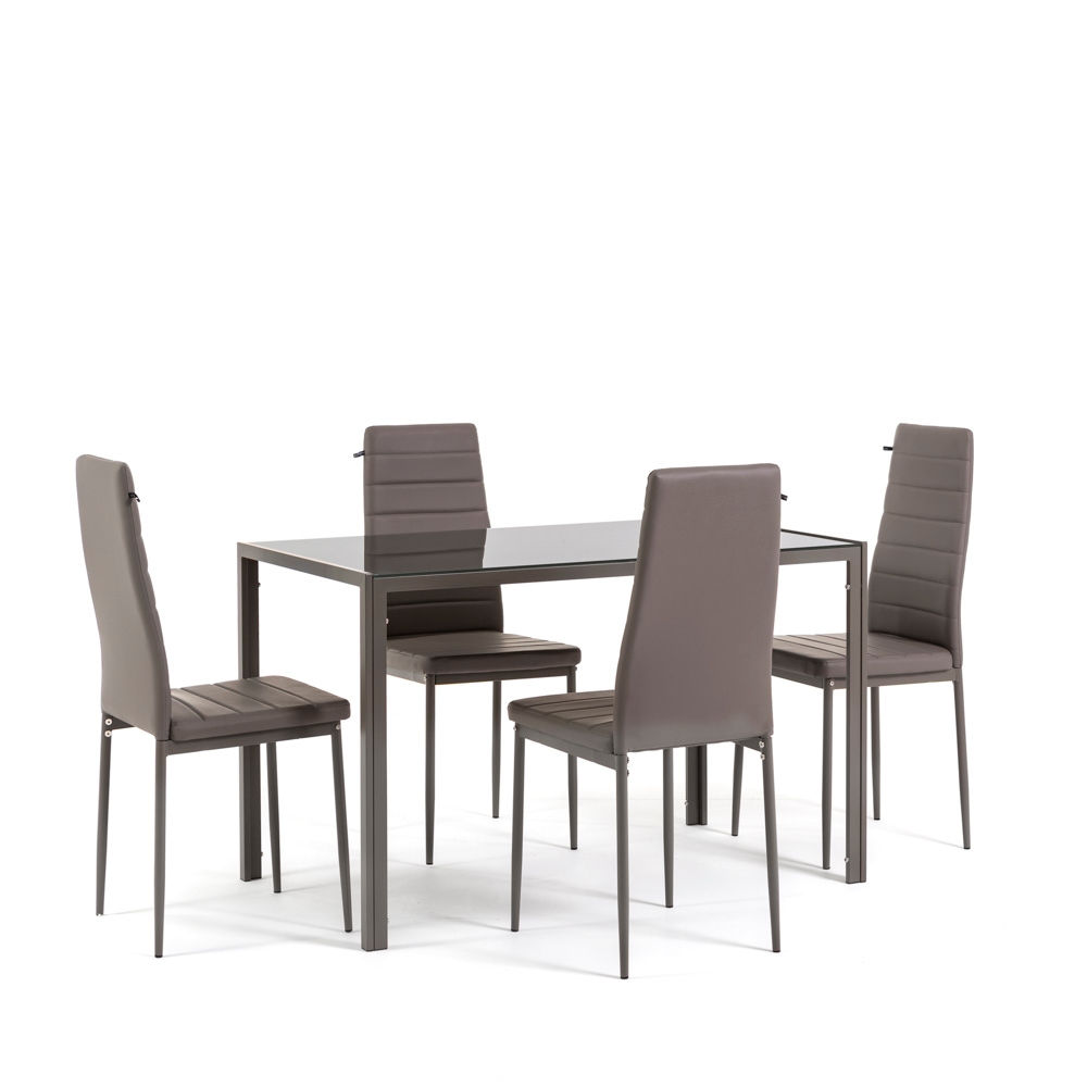 RATTATAN Esszimmer-Set mit 4 Stühlen und rechteckigem Tisch, modernes Design, Tischplatte aus gehärtetem Glas, Stühle aus Kunstleder – Ettore+Lidia/Taupe Image