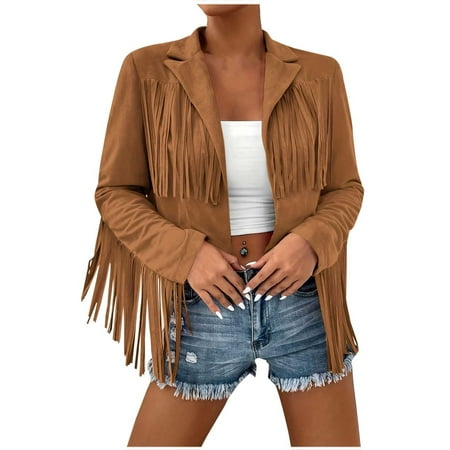wdsxpo Jackets for Women Trendy Tassel Faux Suede Leather Jackets Vintage Western Fringe Jacket Classic Motorcycle Crop Coats