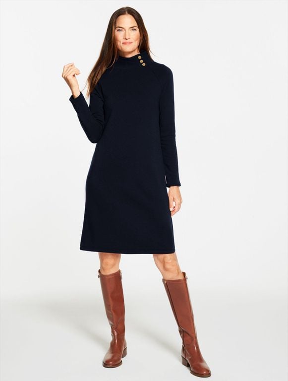 Fleece Side Button Turtleneck Dress - Blue - Talbots Dresses