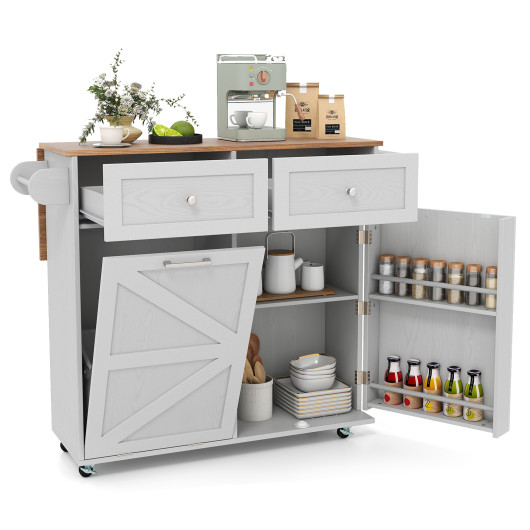 Costway Rolling Kitchen Island with Trash Can Cabinet and Rubber Universal Wheels-Grey