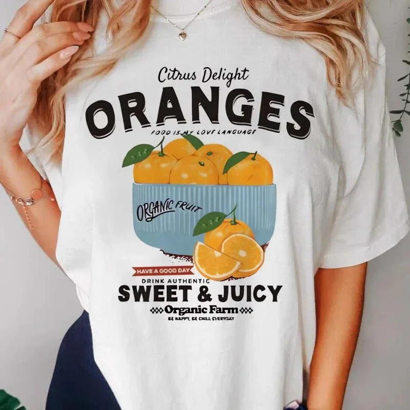 Strand Reise frauen T-Shirt Cartoon Orangen Obst Muster Grafik Top Nette Casual Kurzarm Mode T-shirt Weibliche Kleidung
