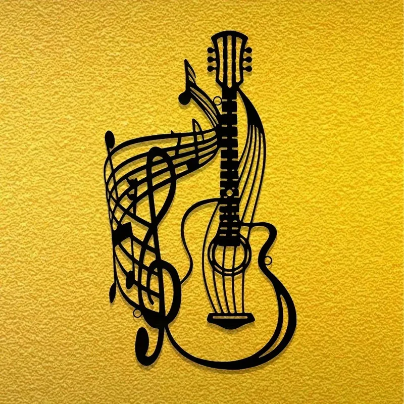 Gitarren-Wandkunst im Vintage-Stil mit Musikpartitur – handgeschmiedete Metall-Silhouette-Dekoration für Innen- und Außenbereiche, Studio-zu-Bauernhaus Image