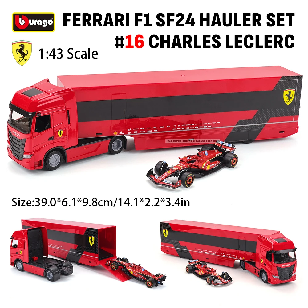Bburago 1:43 2024 F1 FERRARI SF24 HAULLER SET # 16 CHARLES LECLERC MERCEDES-AMG W15 Legierung Luxusauto Druckguss Automodell Spielzeugserie Image