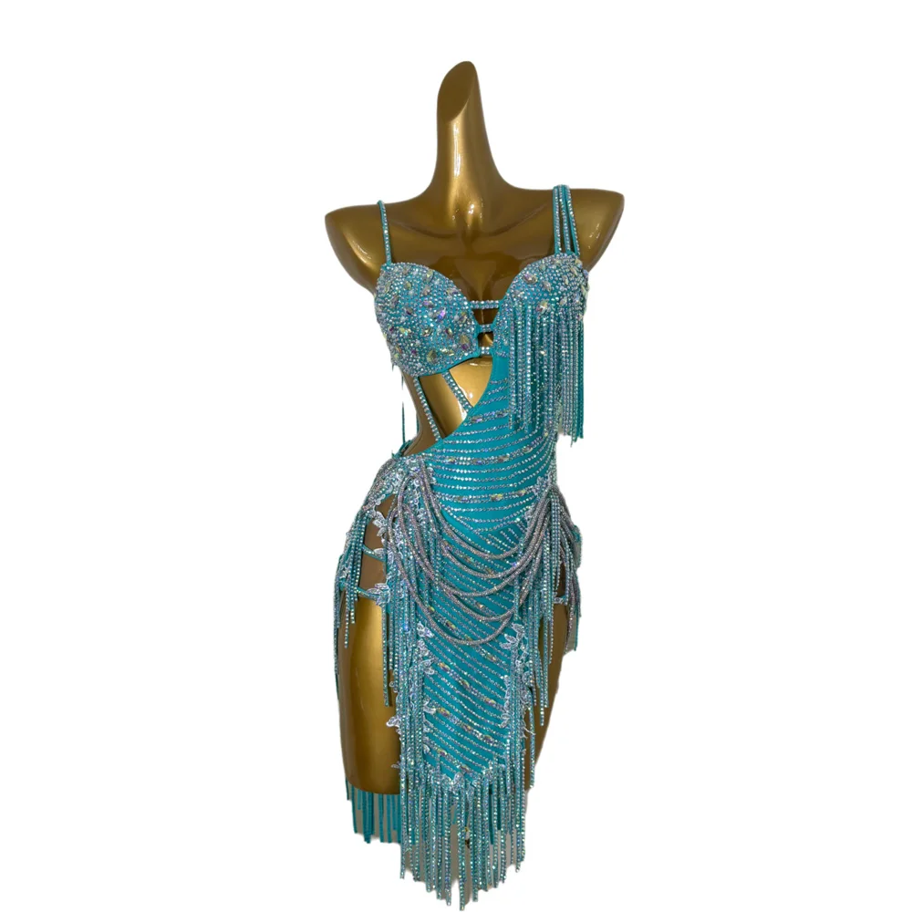 Latin Dance AB Stein Weibliche Erwachsene Kinder High-end Maßgeschneiderte Diamant Bar Kette Quaste Rock Schwarz Pool Samba Performance Kleid Image