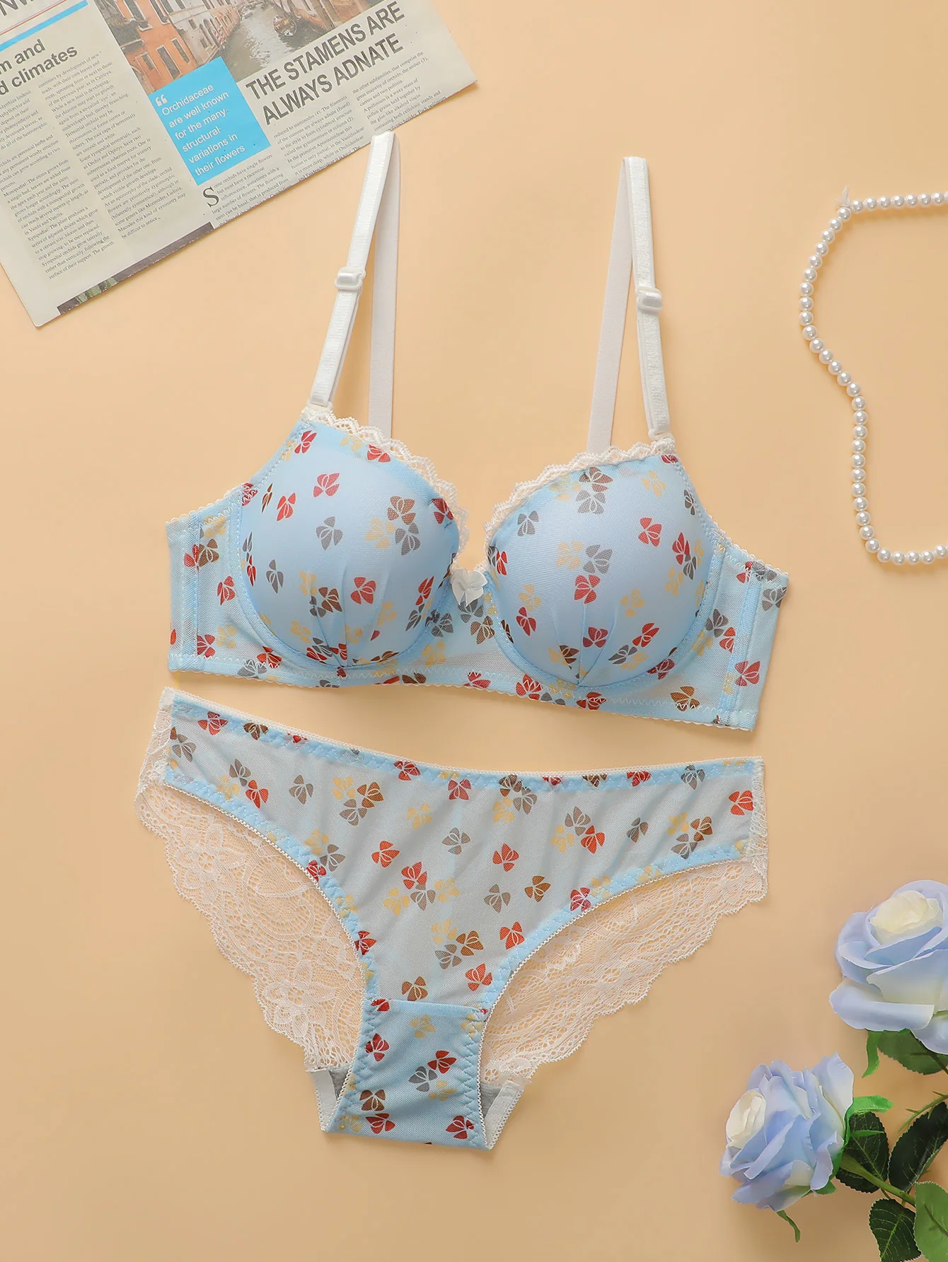 2-teiliger Pull-up-BH im ländlichen Stil mit Blumenmuster, Retro-Spitze, Dessous-Set, Braissere, Damenunterwäsche, Frühling und Sommer, neue Produkte A3155 Image