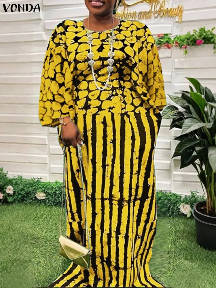 VONDA Plus Größe 5XL Frauen Kleid Vintage Gedruckt Party Sommerkleid 2025, Böhmischen 3/4 Hülse Robe Casual O Hals Lange Urlaub vestidos
