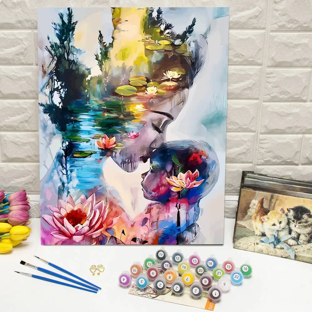 Ölgemälde nach Zahlen, Berglandschaft, DIY, digitale Malerei, Haus, Baum, Landschaft, Bild, Kunsthandwerk auf Leinwand, handgemaltes Geschenk Image