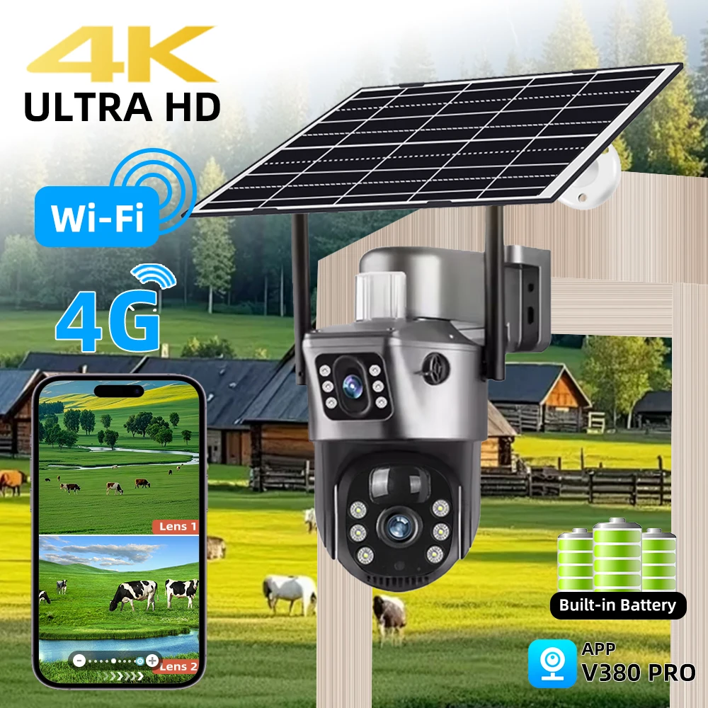 V380 Pro 4K 8MP 2 Objektiv 4G WiFi Solarkamera Outdoor PIR Nachtsicht IP66 Low Power Batterie CCTV Sicherheit Image