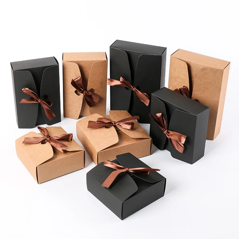 10Pcs Kraft Papier Geschenk Boxen Weihnachten Taschen Karton Hochzeit Cookies Candy Mysterious Box Paket Partei Dekoration mit Band Image