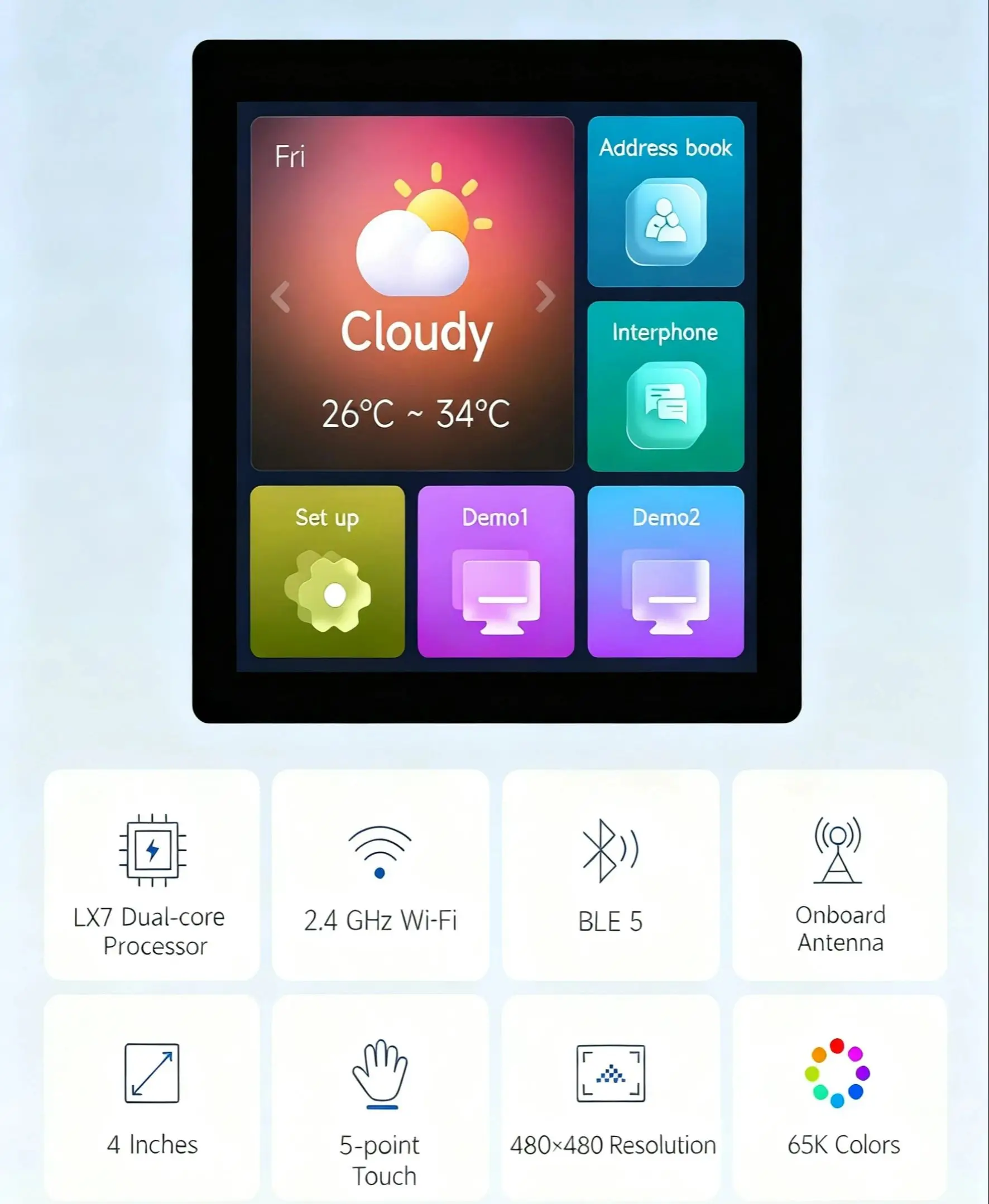 ESP32-S3 4-Zoll-LCD-Entwicklungsboard mit 480 x 480 IPS-Display, 5-Punkt-Touch (optional), Wi-Fi 6 und BLE 5.0, CAN/RS485 für HMI Image