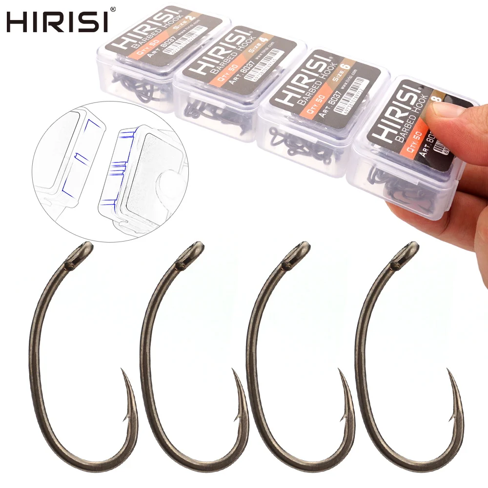 Hirisi 100 Stück PTFE-beschichteter Angelhaken aus Edelstahl mit hohem Kohlenstoffgehalt und Mikro-Widerhaken mit Auge 8037 mit spleißbarer Box Image