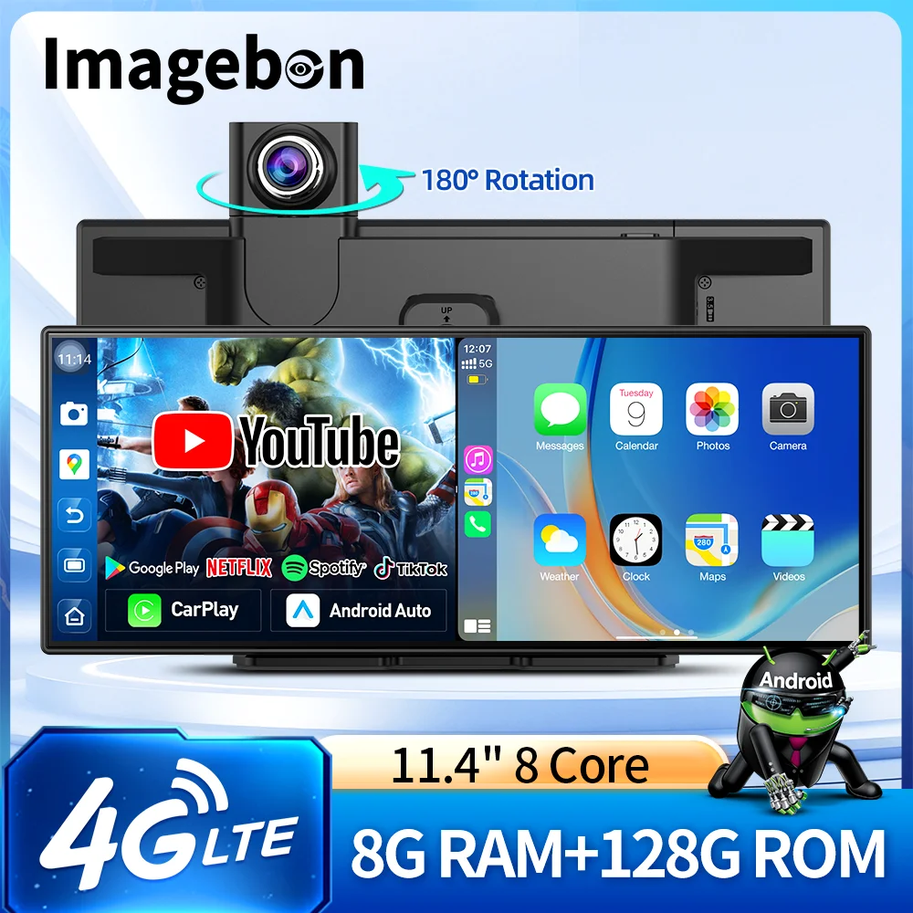 Imagebon 11,4" 4G LTE Android Dash Cam 8 Core 8+128G CarPlay & Android Auto 24h Parküberwachung Google Play Youtube Auto DVR Image