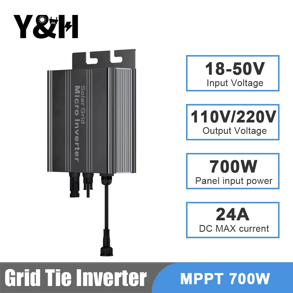 Y & H MPPT onduleur de réseau solaire 700W 500W 350W 180W Micro onduleur DC 18V-50V à sortie AC 120V/220V onduleur intelligent photovoltaïque