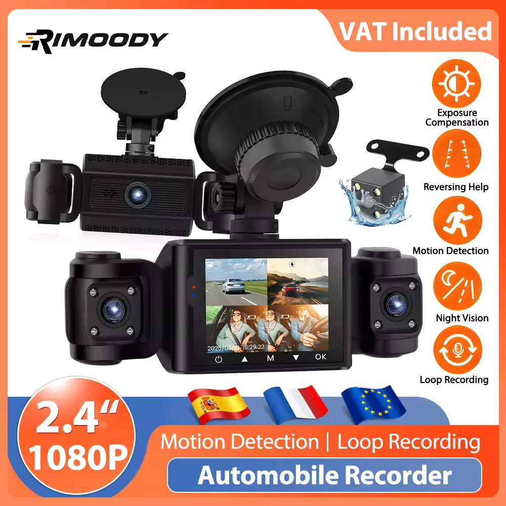 Rimoody 1080P 4-Linsen-Auto-Dashcam, WLAN-Auto-DVR-Recorder mit Bewegungserkennung im Auto, links im Auto, rechts und hinten, TF-Karte, Nachtsicht Image