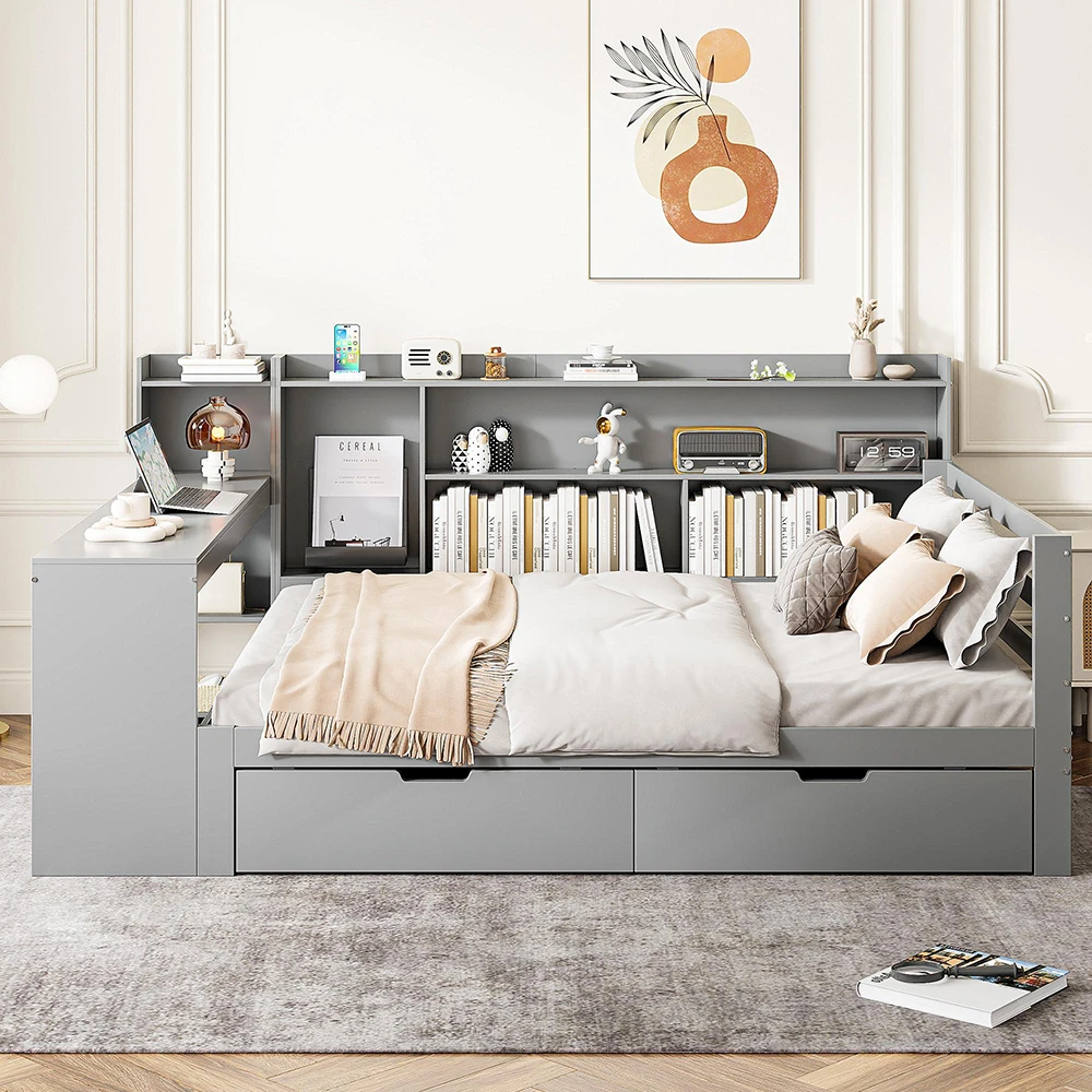 KOMHTOM Schlafsofa mit Schreibtisch, Bücherregal, Ablagefächern und Regalen, Steckdose sowie 2 großen Ablagefächern Image