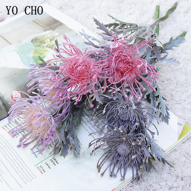 YO CHO Artificial Flower Leucospermum Wedding Decoration Short Branch Pinwheel flower 2 Fork Pin Cushion Flower Home Fake Flower