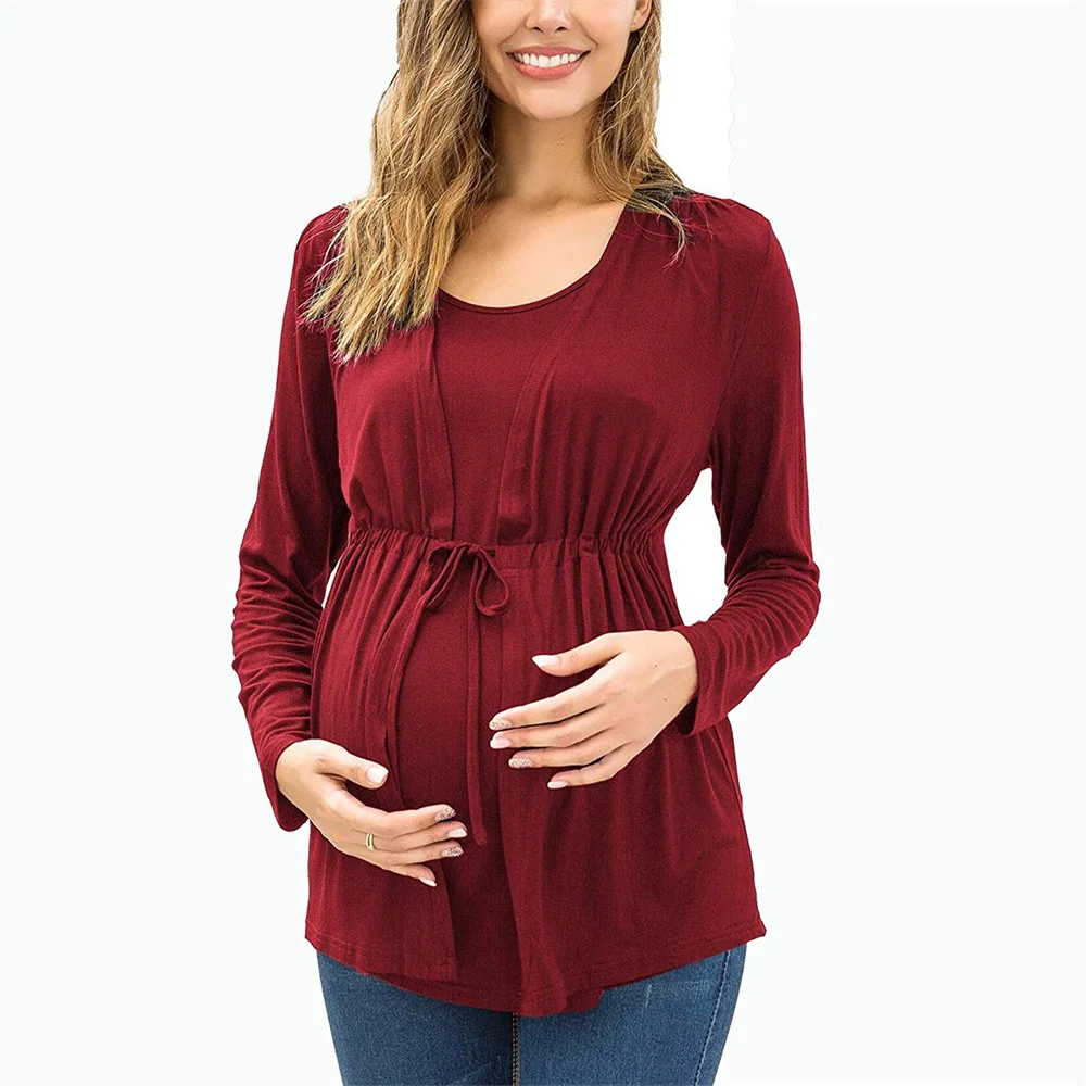 2025 Maternity Women Breastfeeding Shirt Long Sleeve Double Layer Nursing Tops T-shirt Maternity Clothes Round Neck Two-Piece ﻿