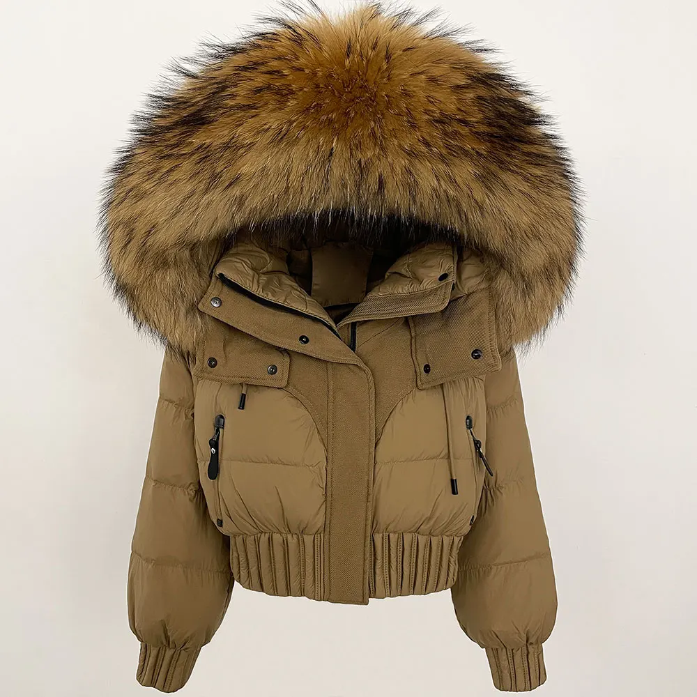 Down Jacket Women Winter Short Natural Real Raccoon Fox Fur Collar Hooded White Duck Down Coat Female Warm Casual Outerwear