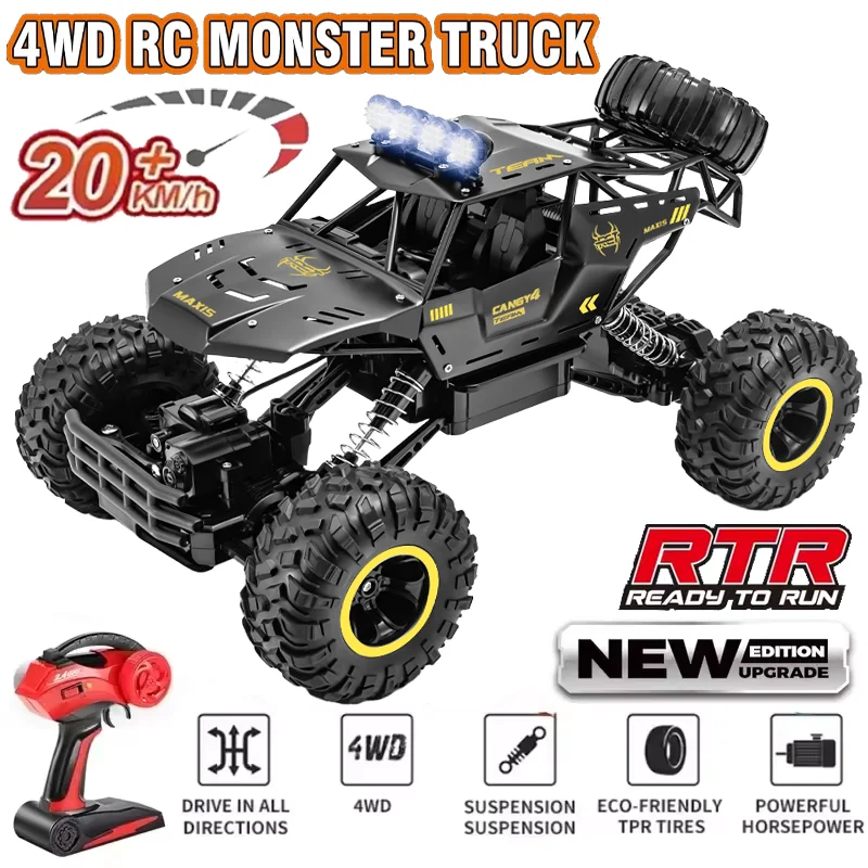 New RC Cars Off-Road 1:12/16 4WD Remote Control Car All Terrain Monster Truck Metal Shell LED Headlights Hobby RC Car Toys Gifts
