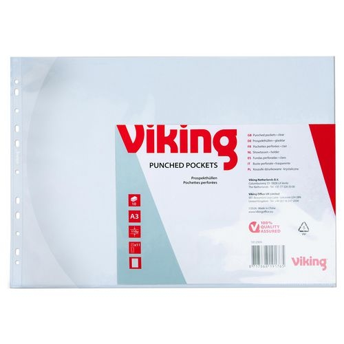 Viking Premium Prospekthüllen DIN A3 quer Glasklar Transparent 110 Mikron PP (Polypropylen) Öffnung oben 11 Löcher 10 Stück Image