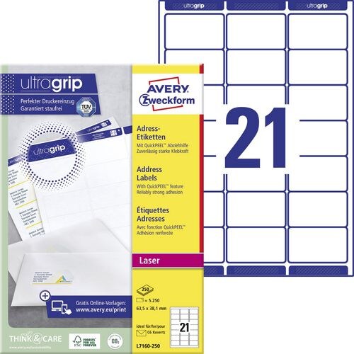AVERY Zweckform Abziehhilfe QuickPEEL,ultragrip Adressetiketten L7160-250 Selbsthaftend DIN A4 Weiß 63,5 x 38,1 mm 250 Blatt à 21 Etiketten Image