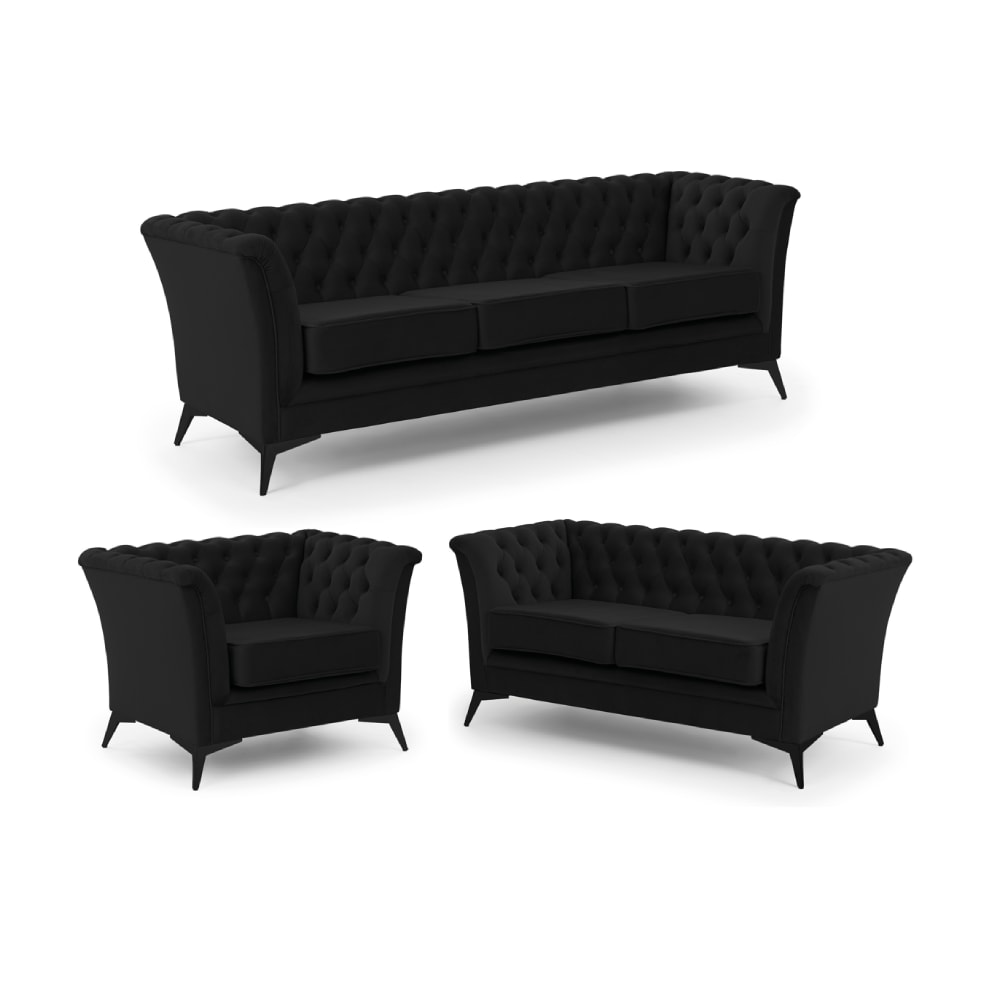 Ensemble de canapés Chesterfield 3+2+1 en velours noir