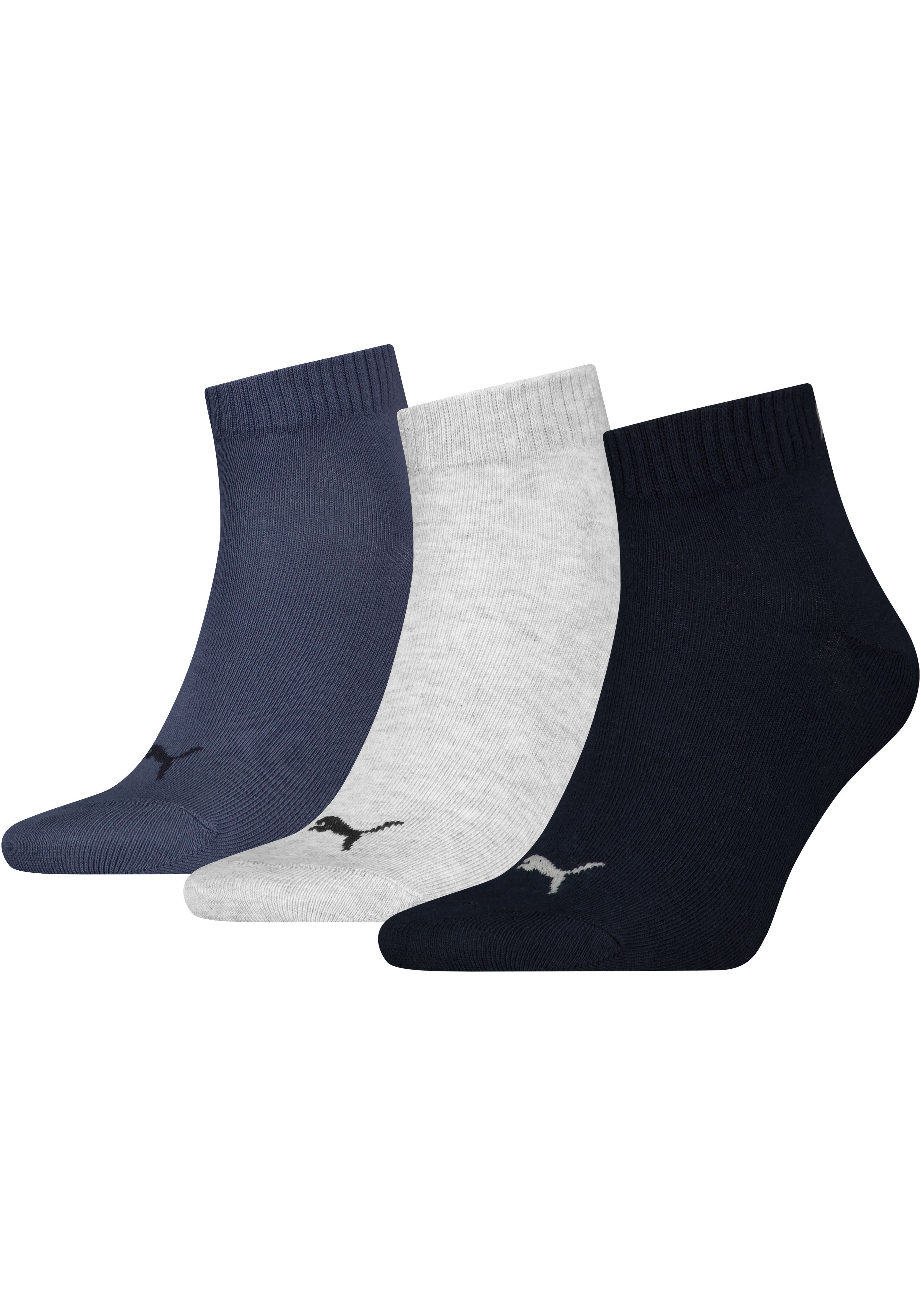 Kurzsocken PUMA "PUMA UNISEX QUARTER PLAIN 3P", Herren, Gr. 47-49, blau (navy, grau, nightshadow blau), Baumwollmischung, elastisch, Socken, Atmungsaktiv, Rippenbündchen, weiche Baumwollmischung
