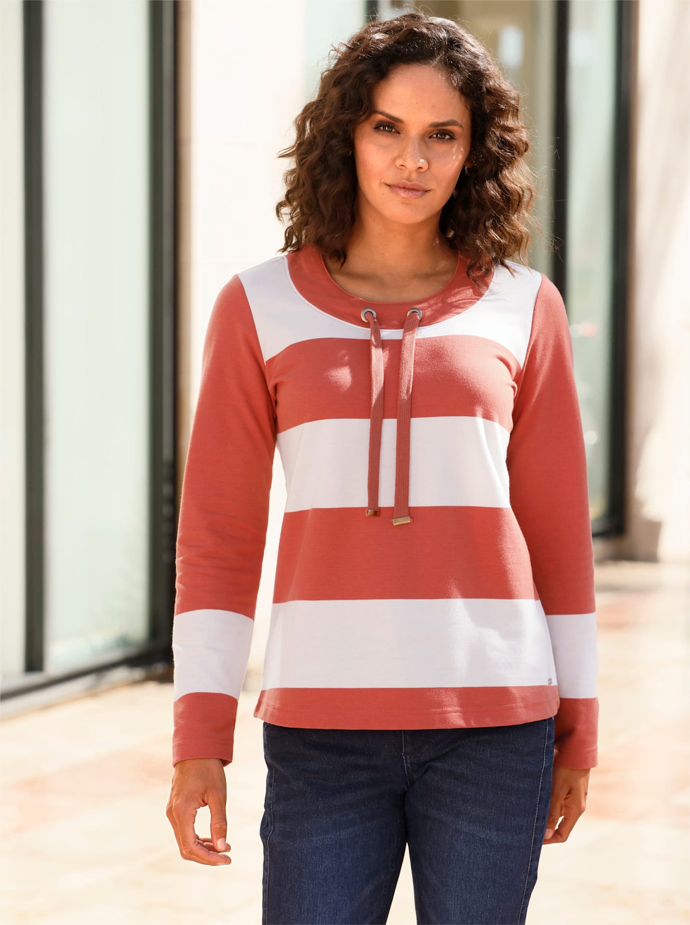 Sweatshirt CASUAL LOOKS, Damen, Gr. 52, orange (terra, ecru, geringelt), 50% Baumwolle, 50% Polyester, gemustert, gestreift, mehrfarbig, Rundhals, Sweatshirts Sweatshirt