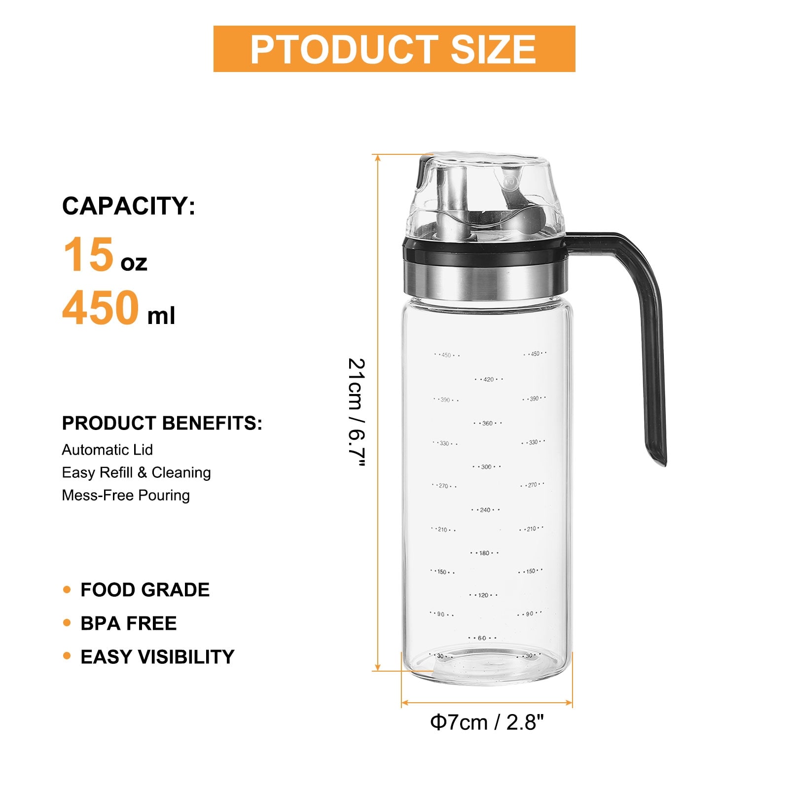 Glass Oil Bottle with No Drip Spout, Glass Oil Dispenser with Scale for Kitchen Cooking - Silver