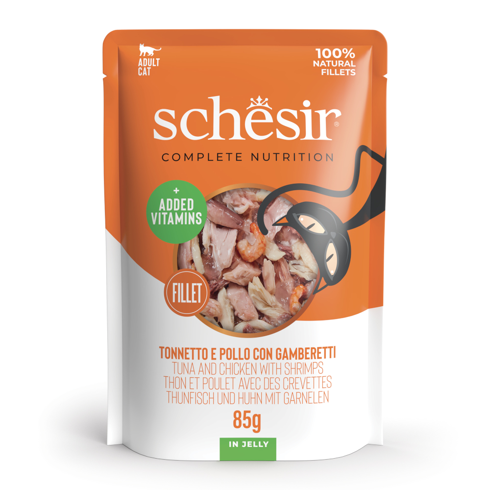Schesir Complete Nutrition Filetti in gelatina 24 x 85 g in buste - Tonnetto e pollo con gamberetti