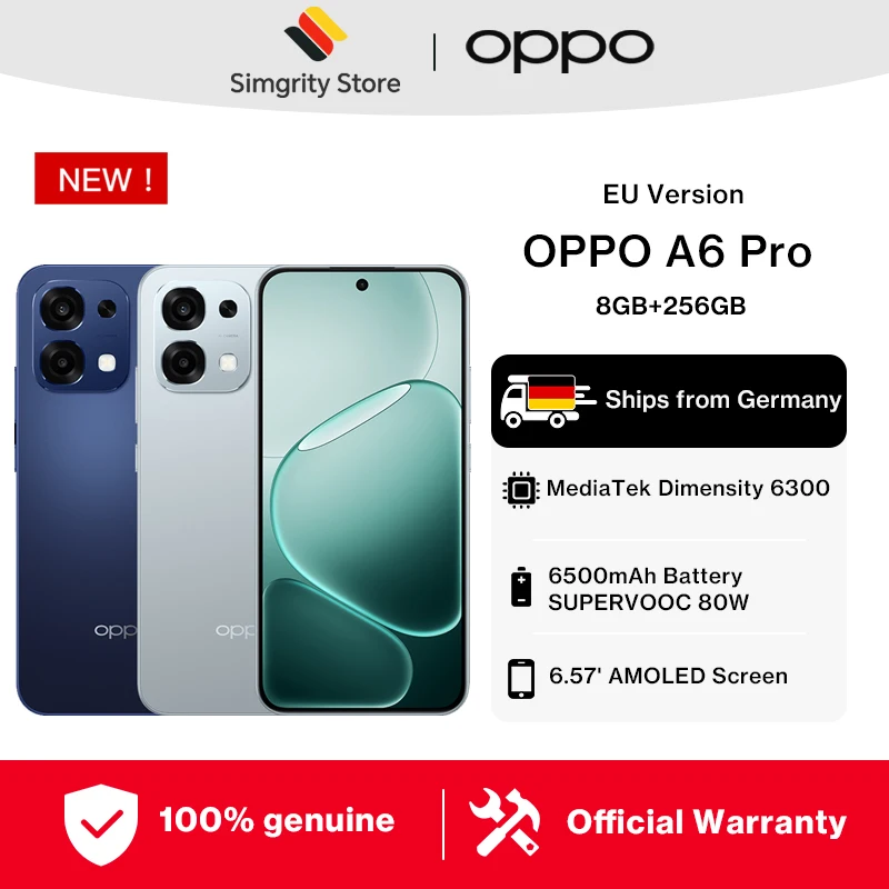 OPPO A6 Pro 5G Smartphone 8 GB + 256 GB, 6500-mAh-Akku MediaTek Dimensity 6300 120-Hz-AMOLED-Display mit ultrahoher Helligkeit 50-MP-AI-Hauptkamera IP69 Image