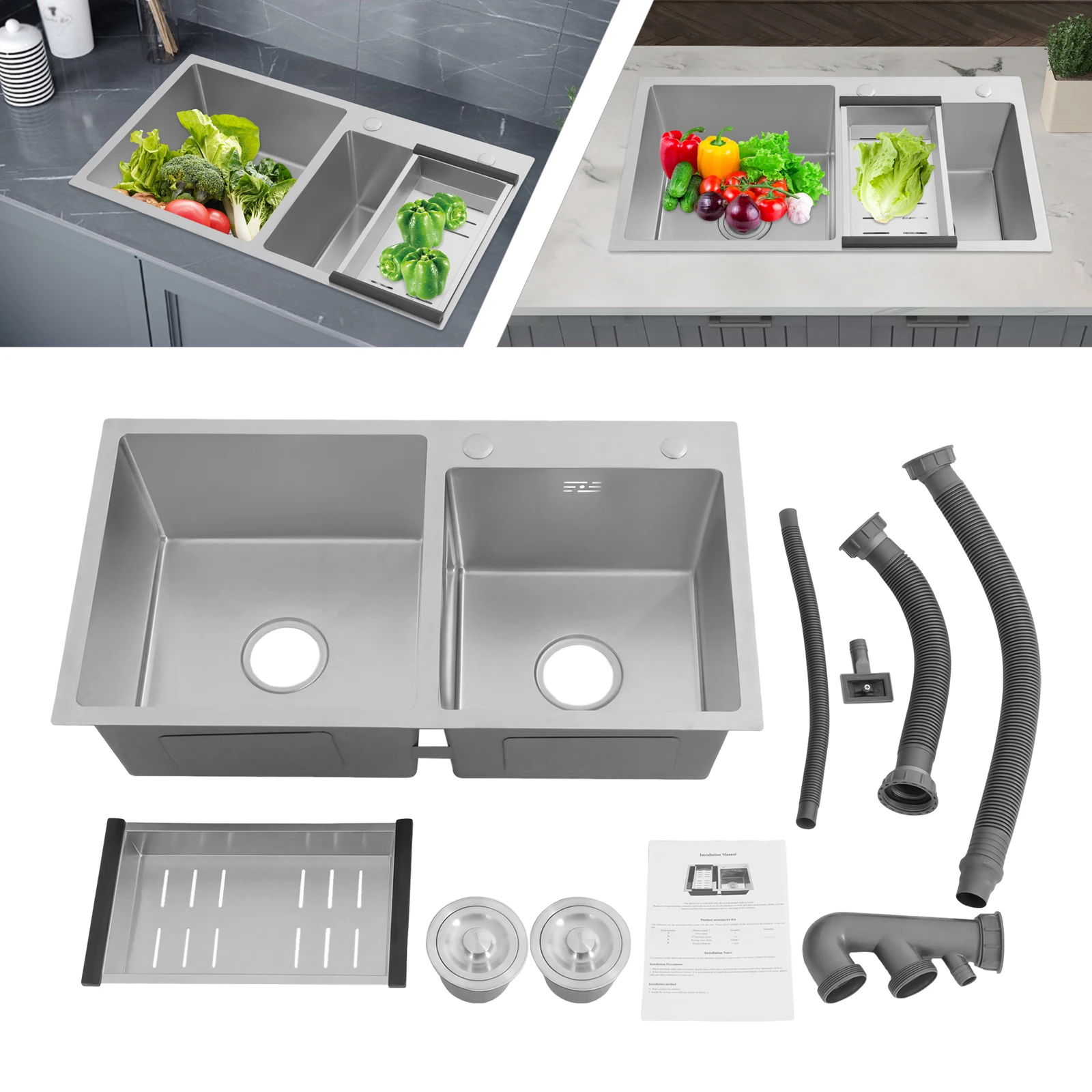 Bymaocar 78*43*21 cm évier de cuisine en acier inoxydable, évier de cuisine à Double bol, évier de cuisine avec un panier de vidange
