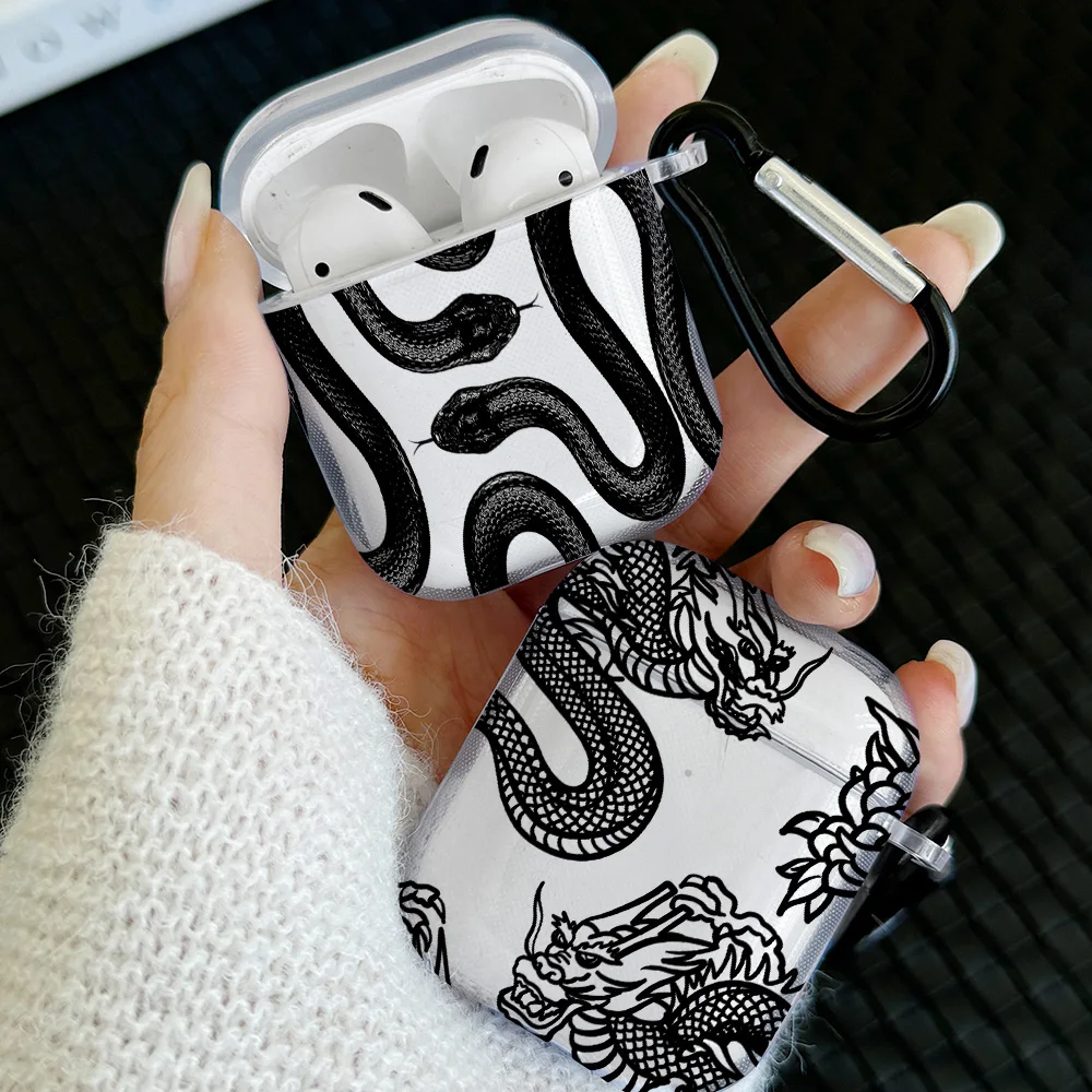 Einfache schwarze Schlangen-Design-Hülle für AirPods 4, 3, 1, 2, Gen, TPU-Ohrhörer-Hülle für AirPods Pro 2/Pro-Abdeckung mit Schlüsselanhänger-Zubehör Image