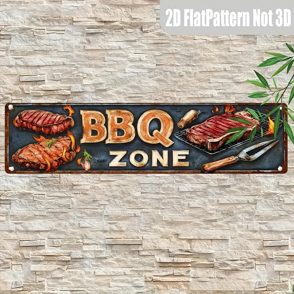 Metall-Blechschild „Retro BBQ Zone“ – 10,2 x 40,6 cm, 2D-Flach-Neuheitsdekoration, Grill, Garage, Restaurant, Wandkunst