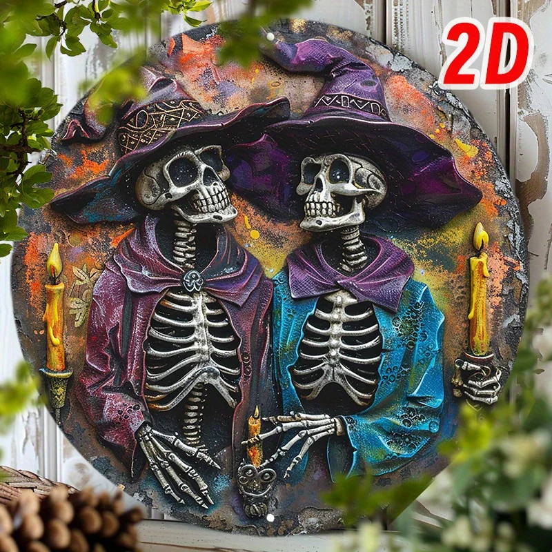 8-Zoll-rundes Aluminiumschild mit 3D-Skelett-Zauberer-Design – UV-geschützt, kratzfest und einfach aufzuhängen für Innen-/Außendekoration Image
