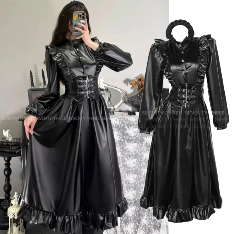 Frauen Dark Maid Cosplay Kostüm PU Leder Uniform Langes Kleid Kopfbedeckung Schleier Anzug für Halloween Karneval Party Roleplay Outfits Image